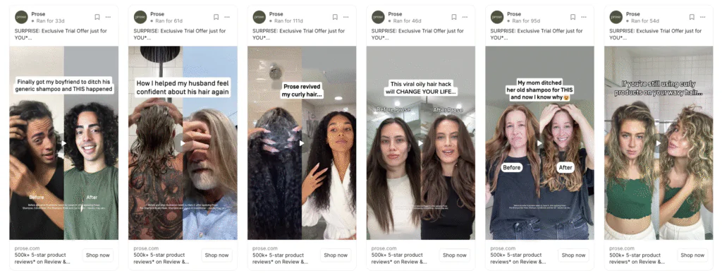 A collection of Prose ad creatives showcasing a consistent before-and-after video format used across multiple audience segments. Each thumbnail highlights a different benefit—such as improved curls, shine, scalp health, or product switch results—demonstrating how Prose iterates on a single winning concept by varying hooks, creators, and messaging angles to sustain high ROAS and engagement.